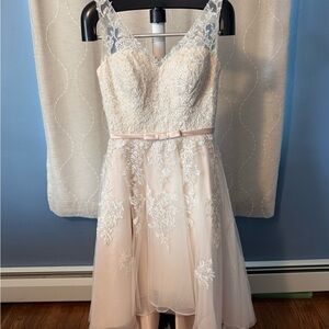 Elegant High-Low A-line Lace Wedding Dress with Blush Accents in “Averil” Style
